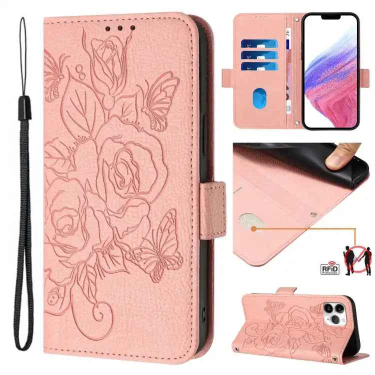 Embossed Rose RFID Anti-theft Leather Phone Case