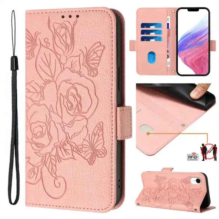 Embossed Rose RFID Anti-theft Leather Phone Case