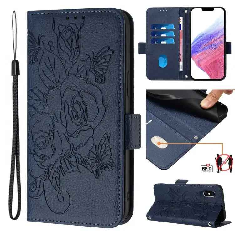 Embossed Rose RFID Anti-theft Leather Phone Case