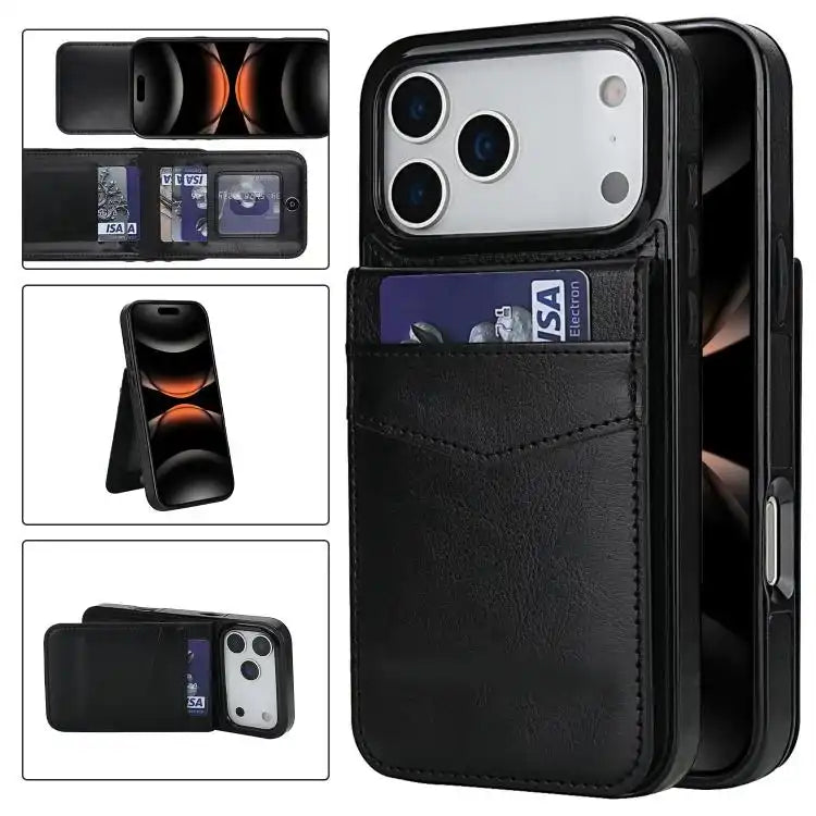 Solid Color Card Slots Bracket PU Phone Case