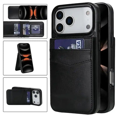 Solid Color Card Slots Bracket PU Phone Case