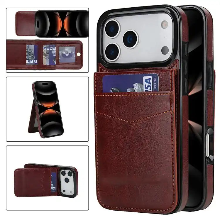 Solid Color Card Slots Bracket PU Phone Case