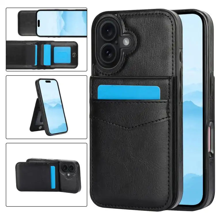Solid Color Card Slots Bracket PU Phone Case