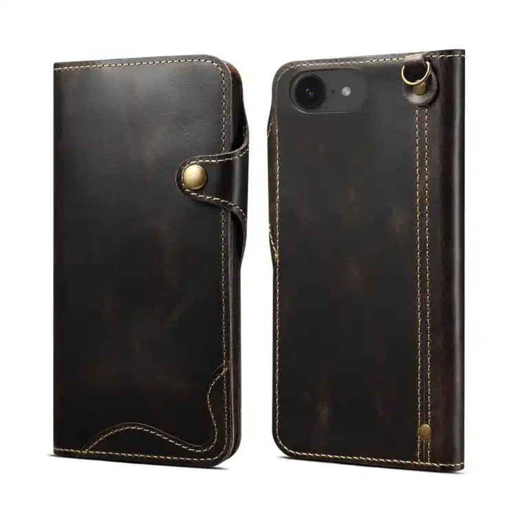 Denior B01 Oil Wax Cowhide Magnetic Button Genuine Leather Case