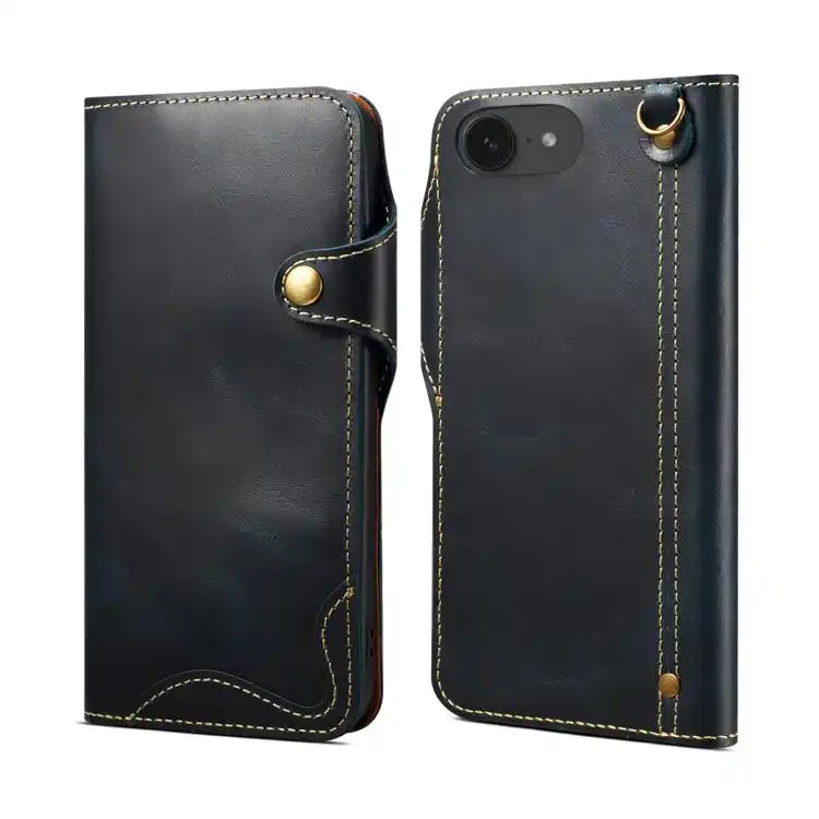 Denior B01 Oil Wax Cowhide Magnetic Button Genuine Leather Case