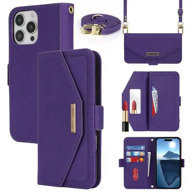 Cross Texture Crossbody Lanyard Leather Phone Case