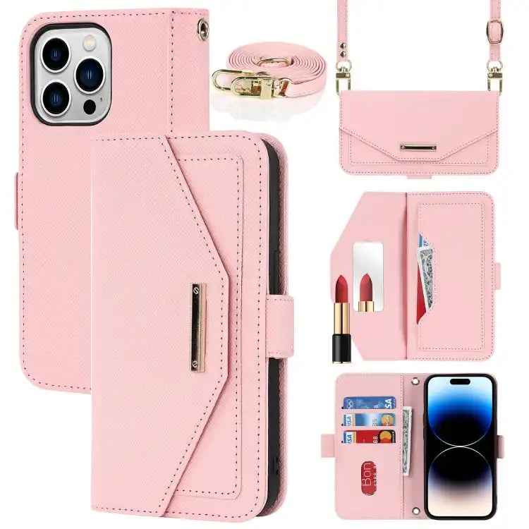 Cross Texture Crossbody Lanyard Leather Phone Case