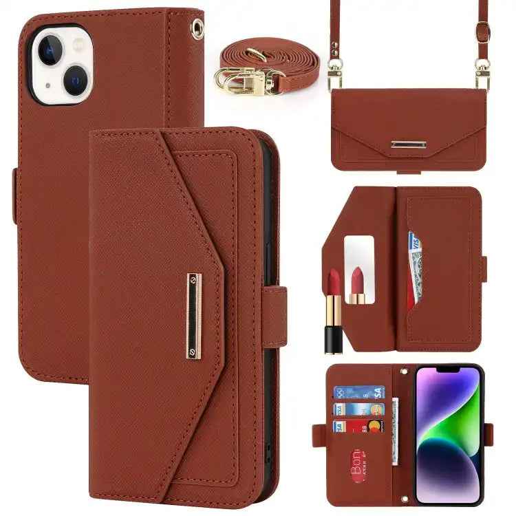 Cross Texture Crossbody Lanyard Leather Phone Case