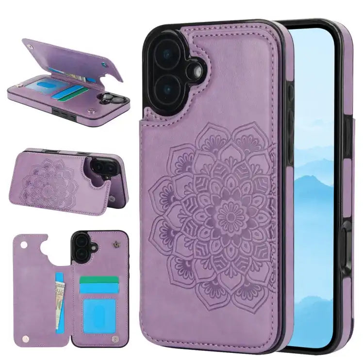 Double Buckle Mandala Leather Wallet Back Cover Phone Case