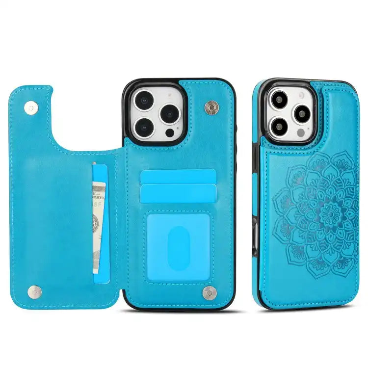Double Buckle Mandala Leather Wallet Back Cover Phone Case