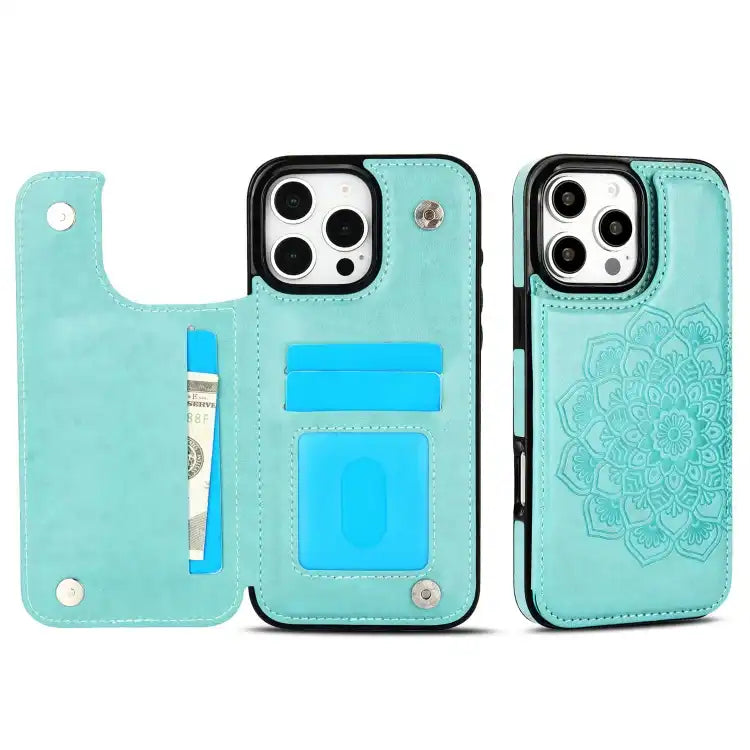 Double Buckle Mandala Leather Wallet Back Cover Phone Case