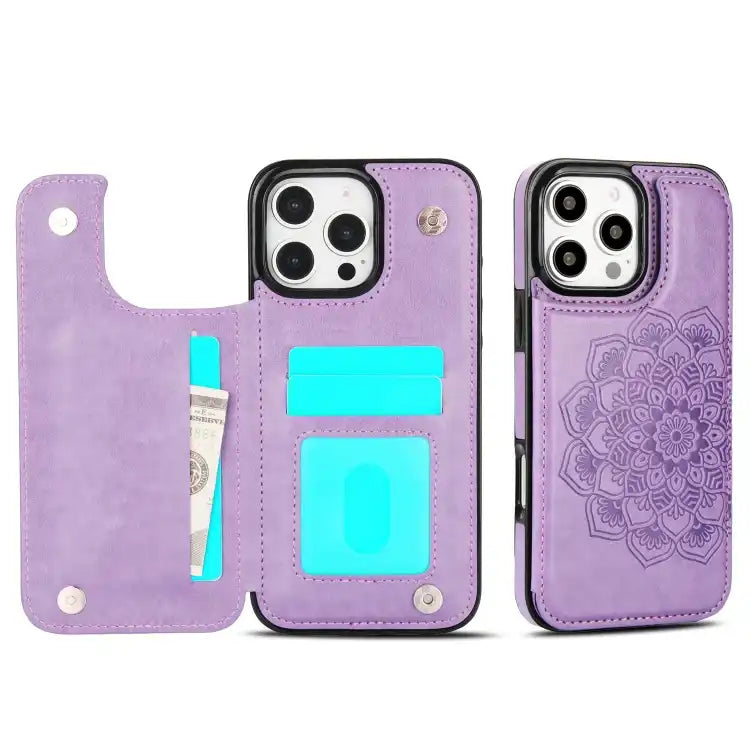 Double Buckle Mandala Leather Wallet Back Cover Phone Case