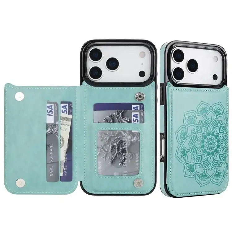 Double Buckle Mandala Leather Wallet Back Cover Phone Case