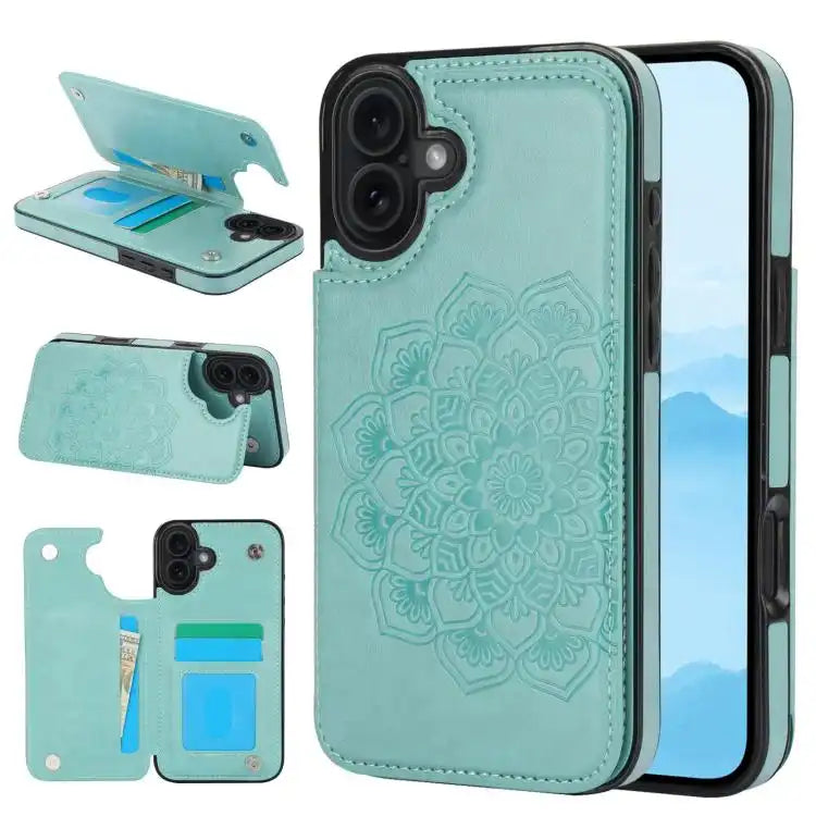Double Buckle Mandala Leather Wallet Back Cover Phone Case