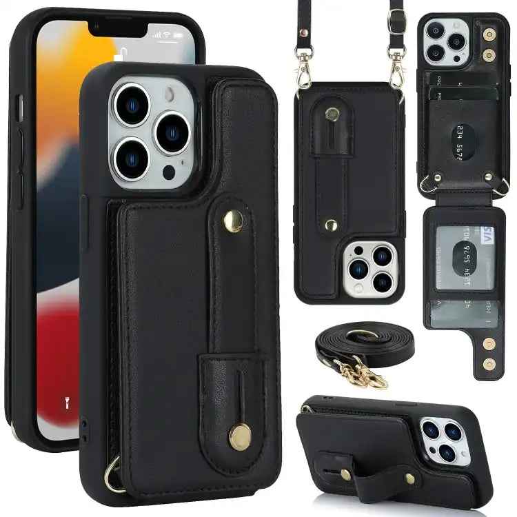 Wristband Vertical Flip Wallet Back Cover Phone Case with Long Lanyard