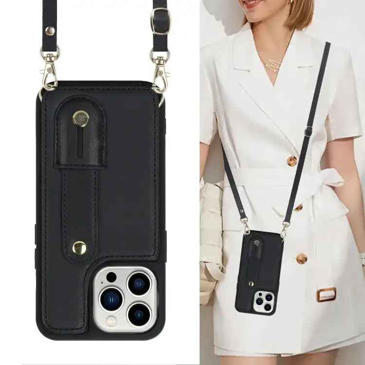 Wristband Vertical Flip Wallet Back Cover Phone Case with Long Lanyard