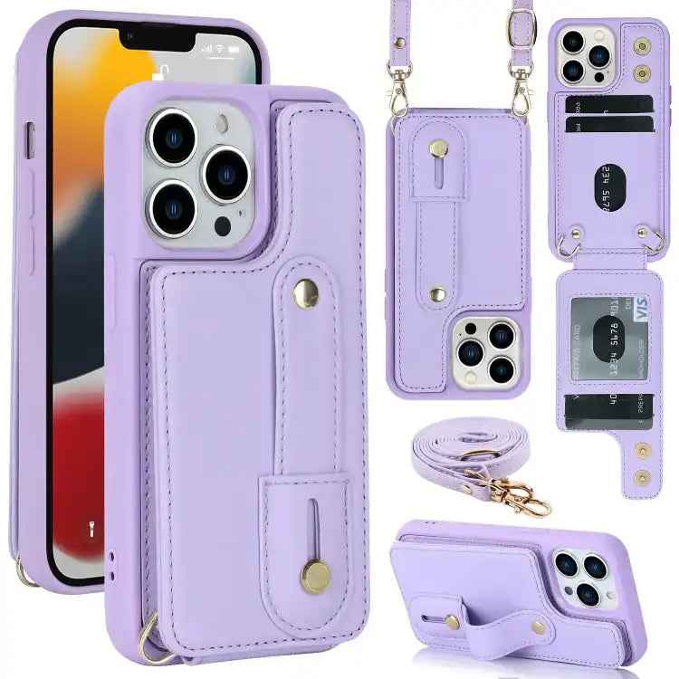 Wristband Vertical Flip Wallet Back Cover Phone Case with Long Lanyard