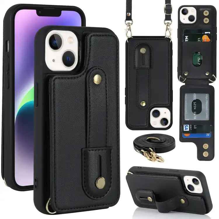 Wristband Vertical Flip Wallet Back Cover Phone Case with Long Lanyard