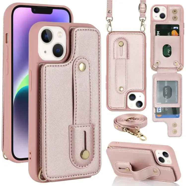 Wristband Vertical Flip Wallet Back Cover Phone Case with Long Lanyard