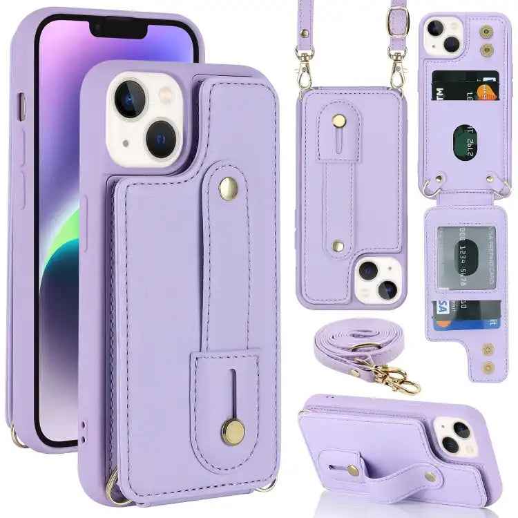 Wristband Vertical Flip Wallet Back Cover Phone Case with Long Lanyard
