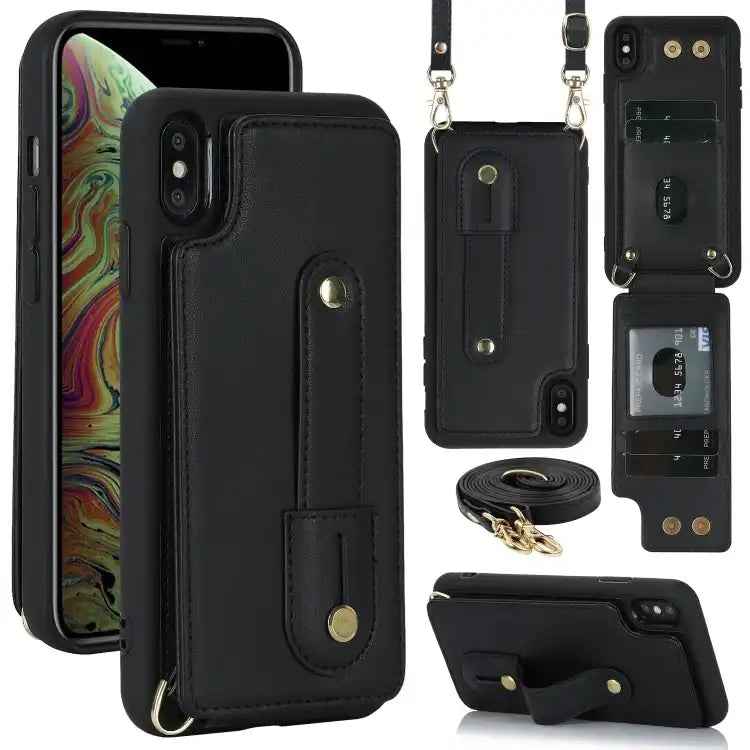 Wristband Vertical Flip Wallet Back Cover Phone Case with Long Lanyard