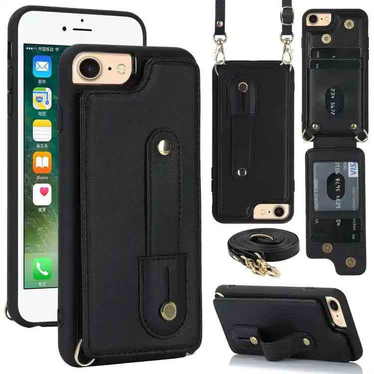 Wristband Vertical Flip Wallet Back Cover Phone Case with Long Lanyard