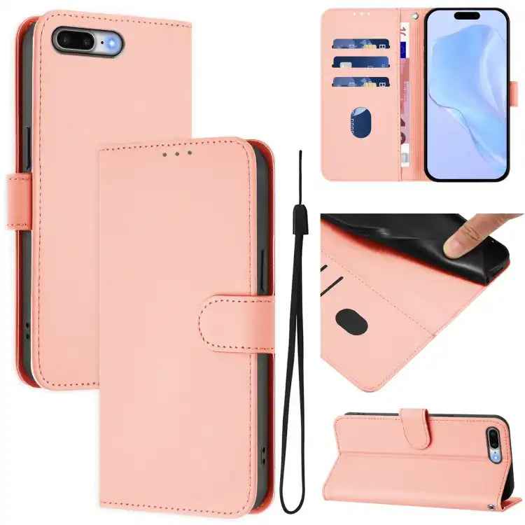 Skin Feel Solid Color Leather Phone Case with Lanyard