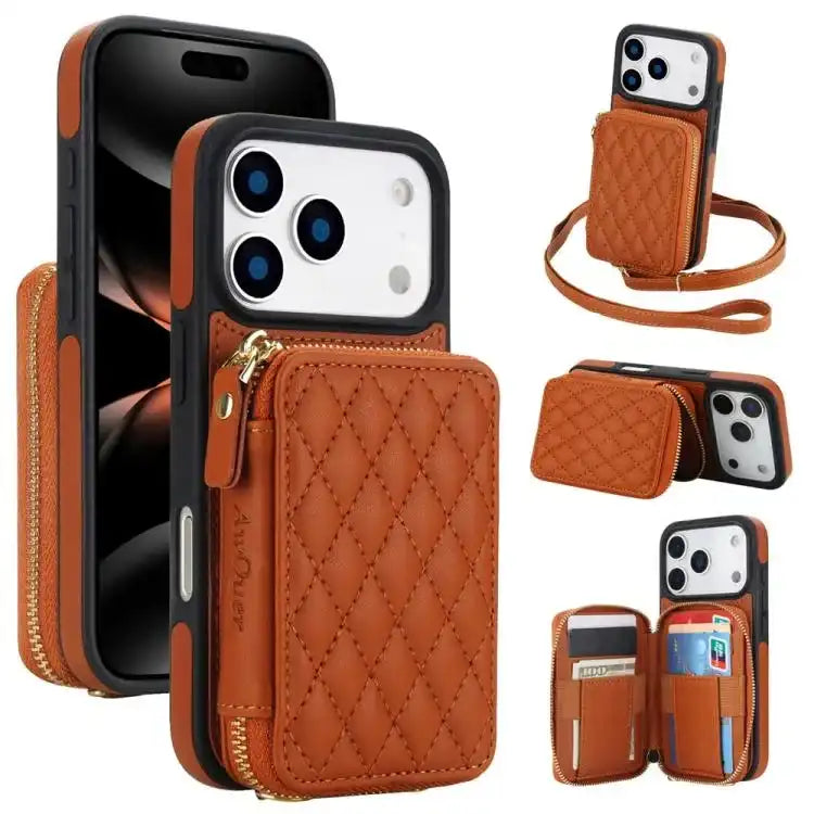 AwQuer Crossbody Zipper Wallet Rhombic Leather Back Phone Case Awquer