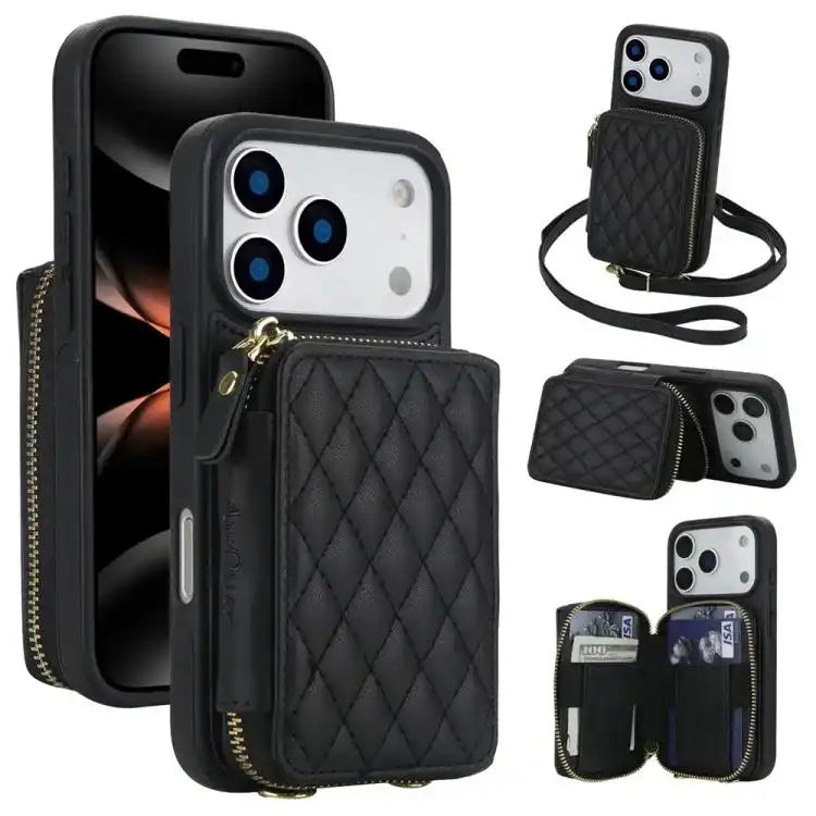 AwQuer Crossbody Zipper Wallet Rhombic Leather Back Phone Case Awquer