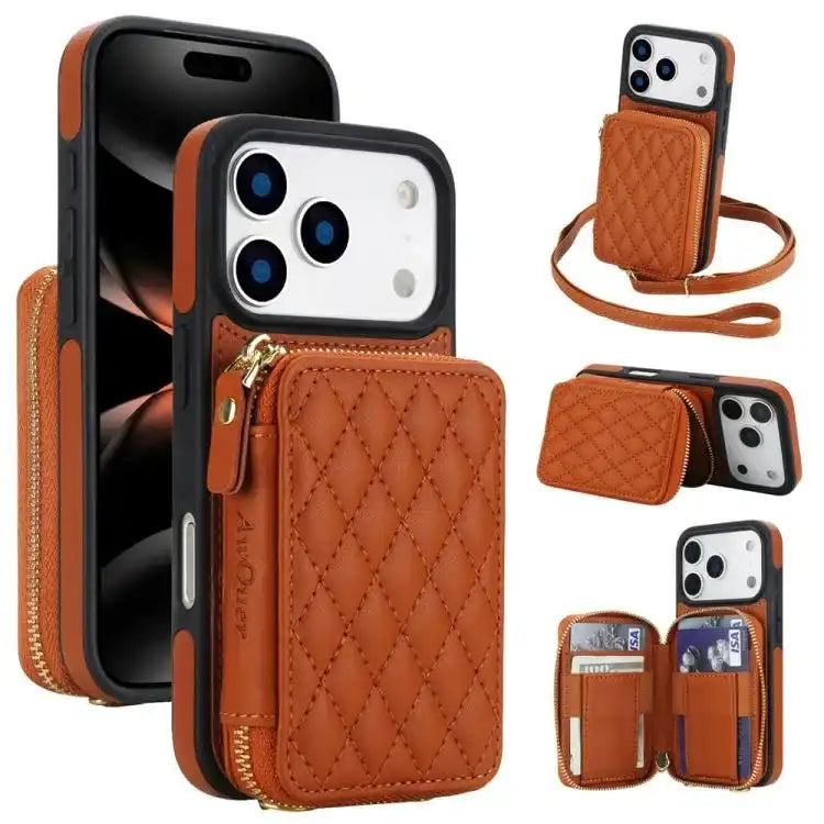 AwQuer Crossbody Zipper Wallet Rhombic Leather Back Phone Case Awquer