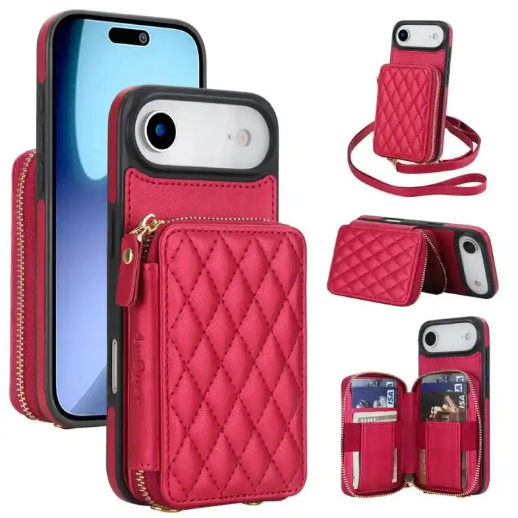 AwQuer Crossbody Zipper Wallet Rhombic Leather Back Phone Case Awquer
