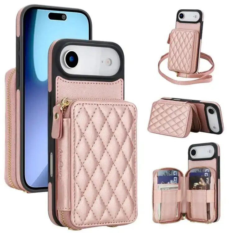 AwQuer Crossbody Zipper Wallet Rhombic Leather Back Phone Case Awquer