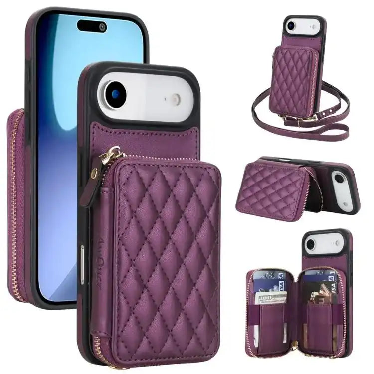 AwQuer Crossbody Zipper Wallet Rhombic Leather Back Phone Case Awquer
