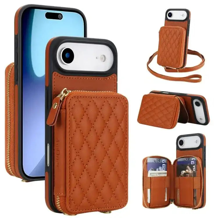 AwQuer Crossbody Zipper Wallet Rhombic Leather Back Phone Case Awquer