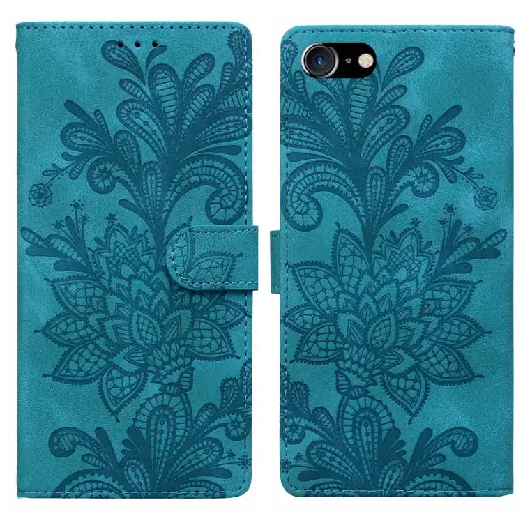 Lace Floral Embossed Magnetic Buckle PU Phone Case With Wrist Strap
