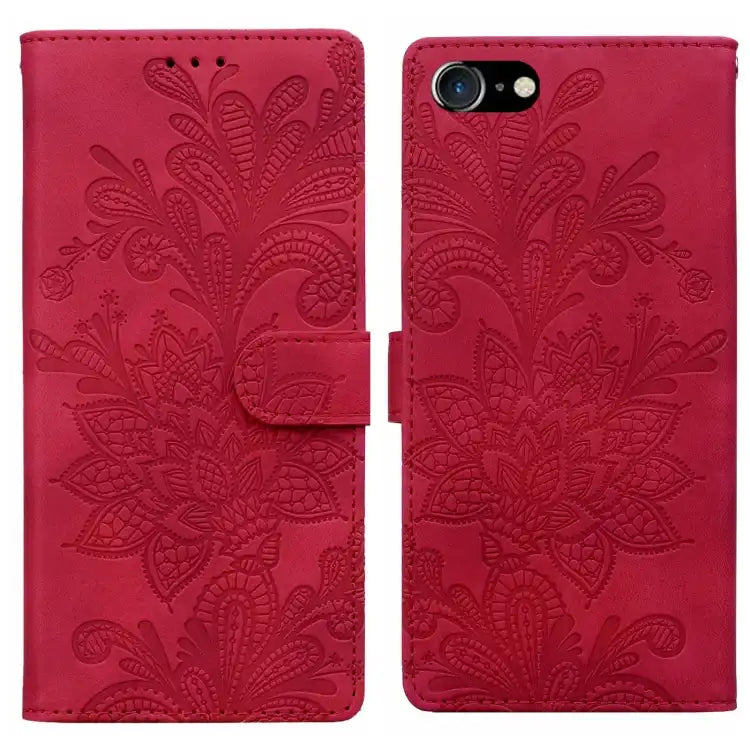 Lace Floral Embossed Magnetic Buckle PU Phone Case With Wrist Strap