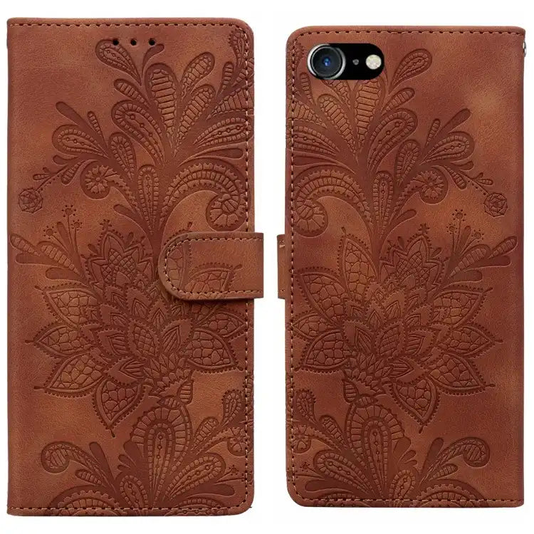 Lace Floral Embossed Magnetic Buckle PU Phone Case With Wrist Strap