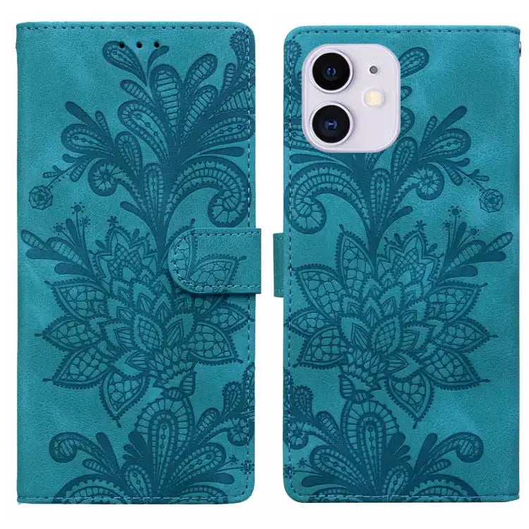Lace Floral Embossed Magnetic Buckle PU Phone Case With Wrist Strap
