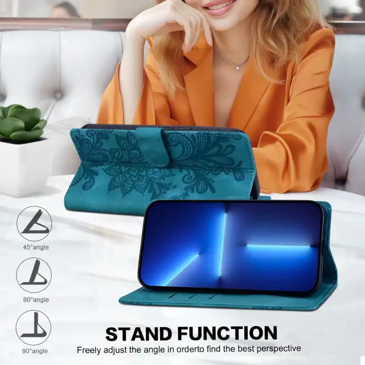 Lace Floral Embossed Magnetic Buckle PU Phone Case With Wrist Strap