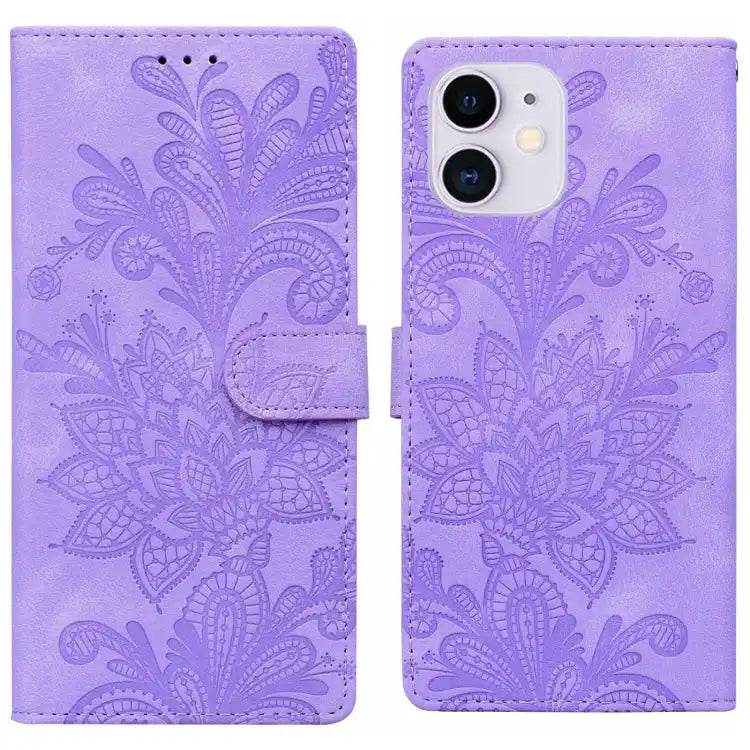 Lace Floral Embossed Magnetic Buckle PU Phone Case With Wrist Strap