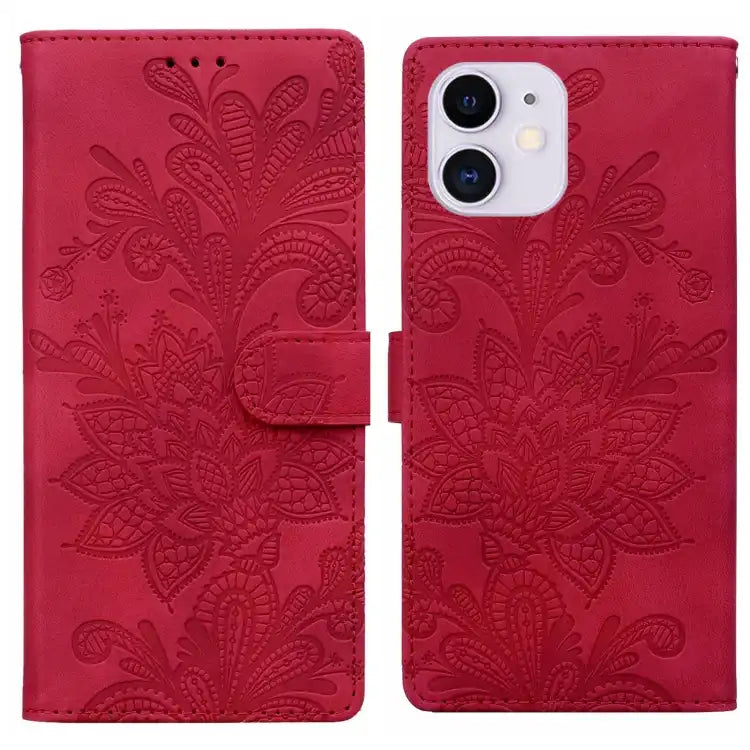 Lace Floral Embossed Magnetic Buckle PU Phone Case With Wrist Strap