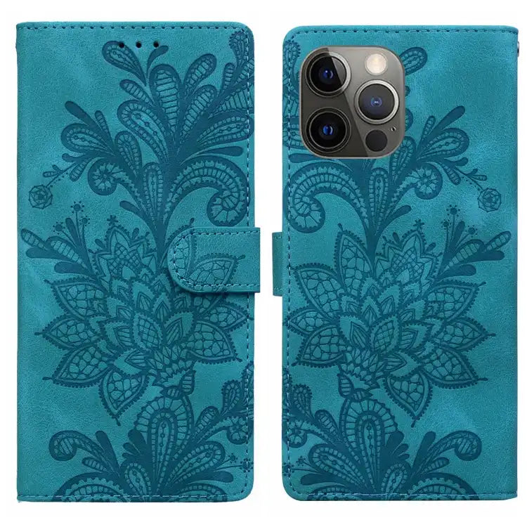 Lace Floral Embossed Magnetic Buckle PU Phone Case With Wrist Strap