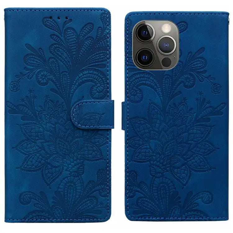 Lace Floral Embossed Magnetic Buckle PU Phone Case With Wrist Strap