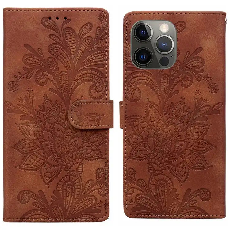 Lace Floral Embossed Magnetic Buckle PU Phone Case With Wrist Strap