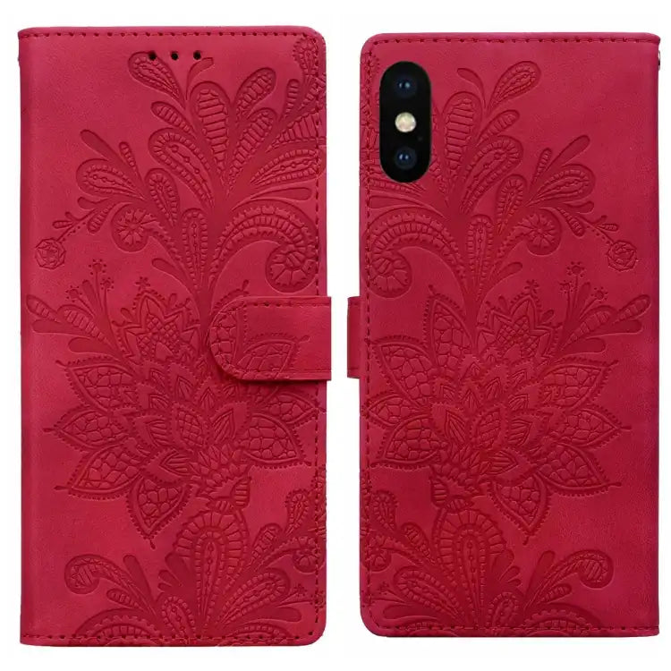 Lace Floral Embossed Magnetic Buckle PU Phone Case With Wrist Strap