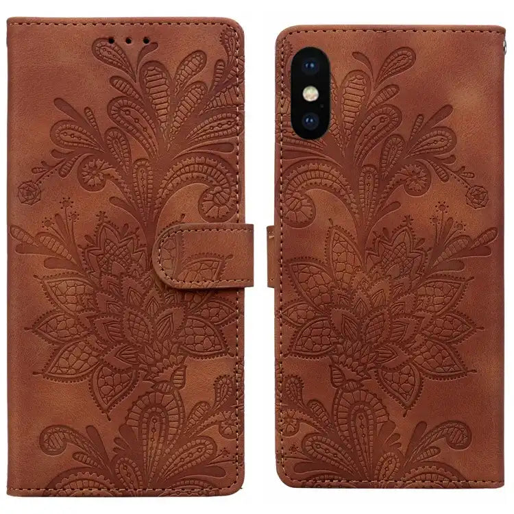 Lace Floral Embossed Magnetic Buckle PU Phone Case With Wrist Strap
