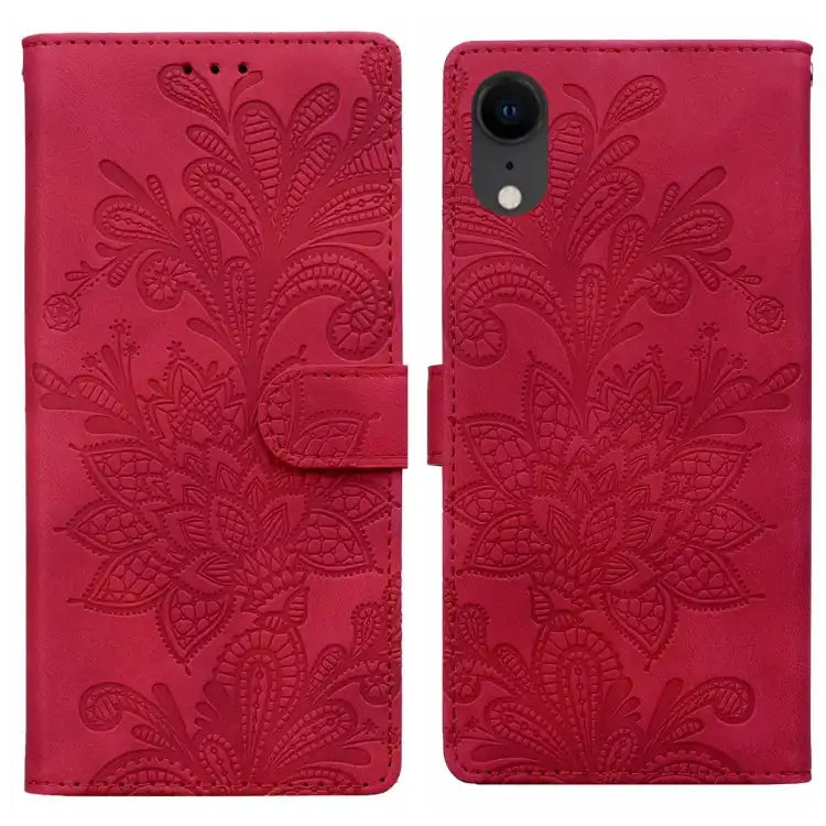 Lace Floral Embossed Magnetic Buckle PU Phone Case With Wrist Strap