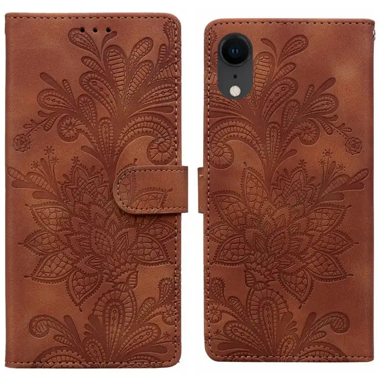 Lace Floral Embossed Magnetic Buckle PU Phone Case With Wrist Strap