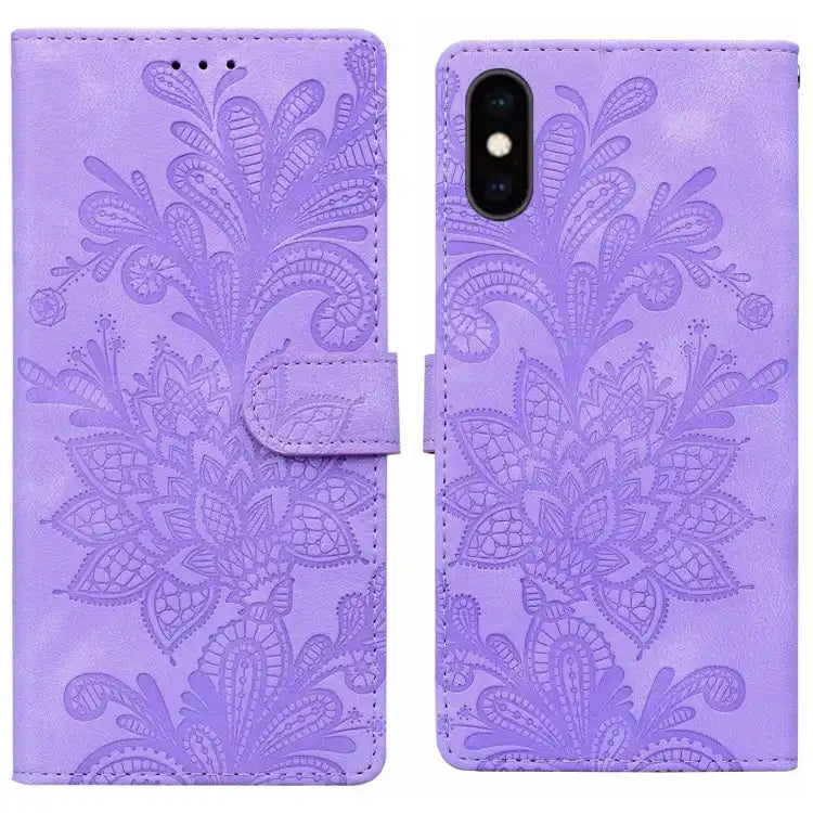 Lace Floral Embossed Magnetic Buckle PU Phone Case With Wrist Strap