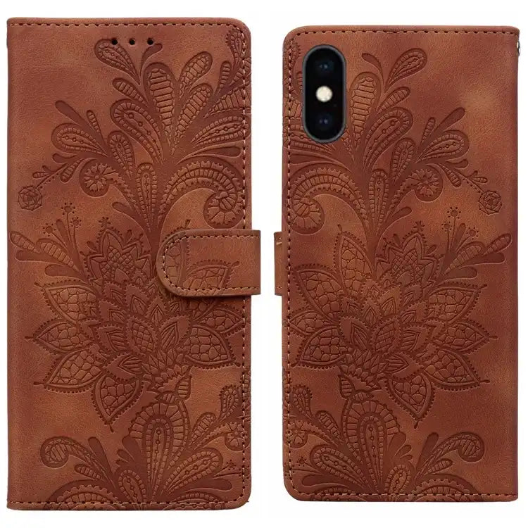 Lace Floral Embossed Magnetic Buckle PU Phone Case With Wrist Strap